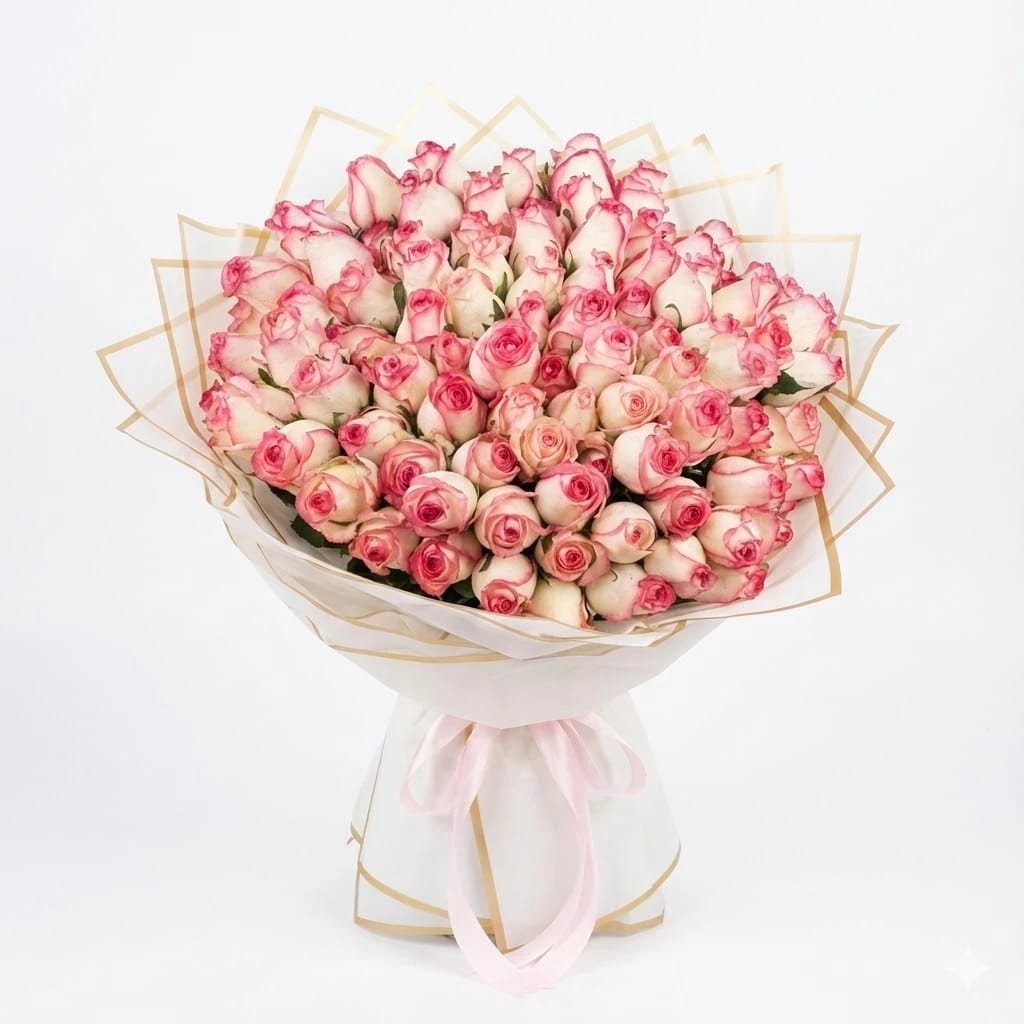 100 Pink & White Roses Hand Bouquet