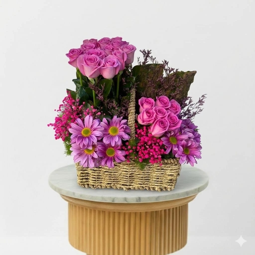 Pink Roses & Purple Daisies in Woven Basket