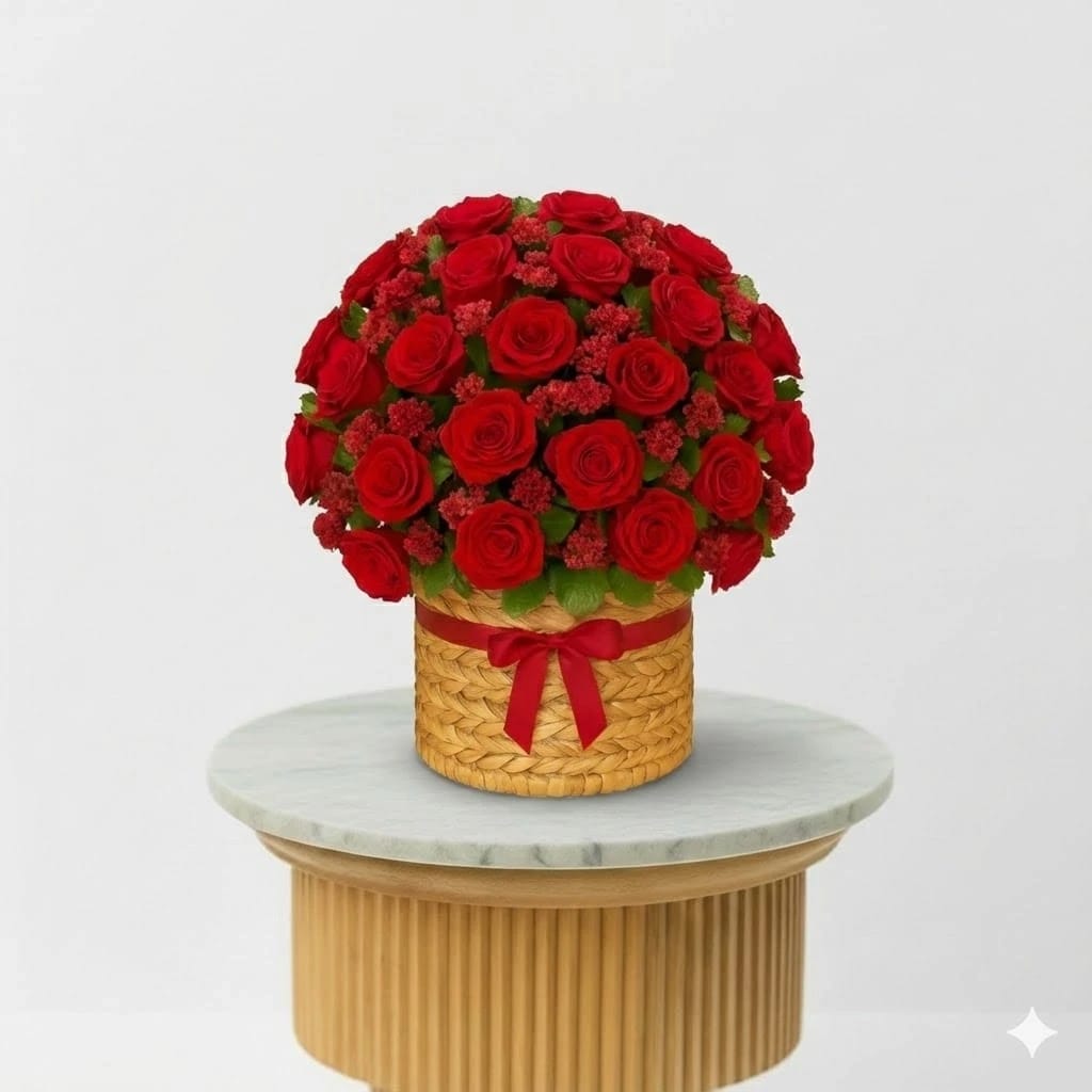50 Red Roses in a Basket