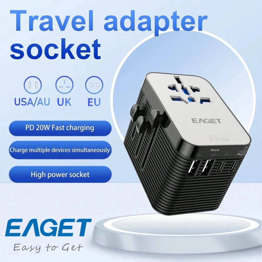 محول السفر الشامل EAGET – شاحن سريع PD 20W | 4 منافذ USB | لأكثر من 150 دولة
