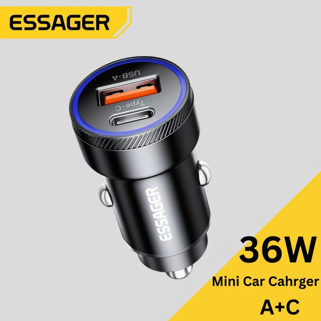 Essager 36W Fast Car Charger with Digital Display - Type-C & USB Port