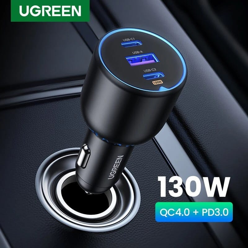 UGREEN 130W 3-Port Fast Car Charger with PD 100W & QC 3.0
