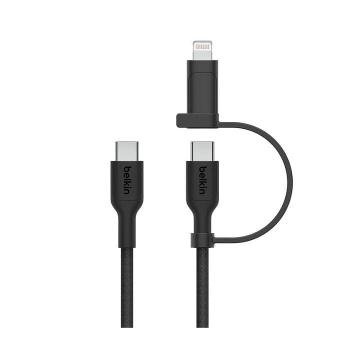 بلكين بوست شارج كابل مضفر 2 في 1 من USB-C إلى USB-C مع محول لايتنينج، 1.5 متر، أسود