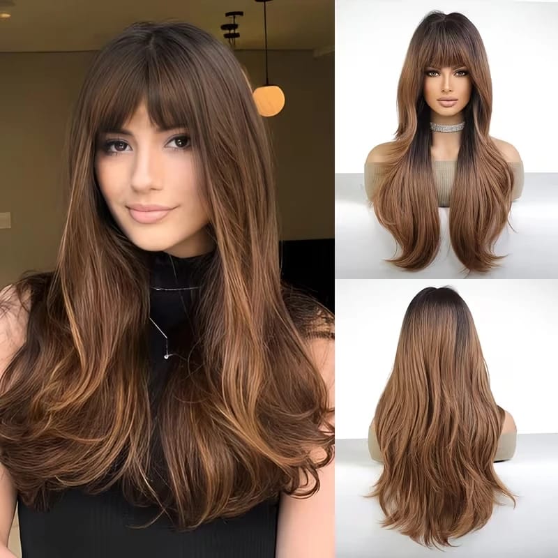 باروكة شعر مستعار طويل مموج بني متدرج للنساء، شعر صناعي طبيعي مع غرة، مناسب للاستخدام اليومي والحفلات والتنكر - 24 بوصة