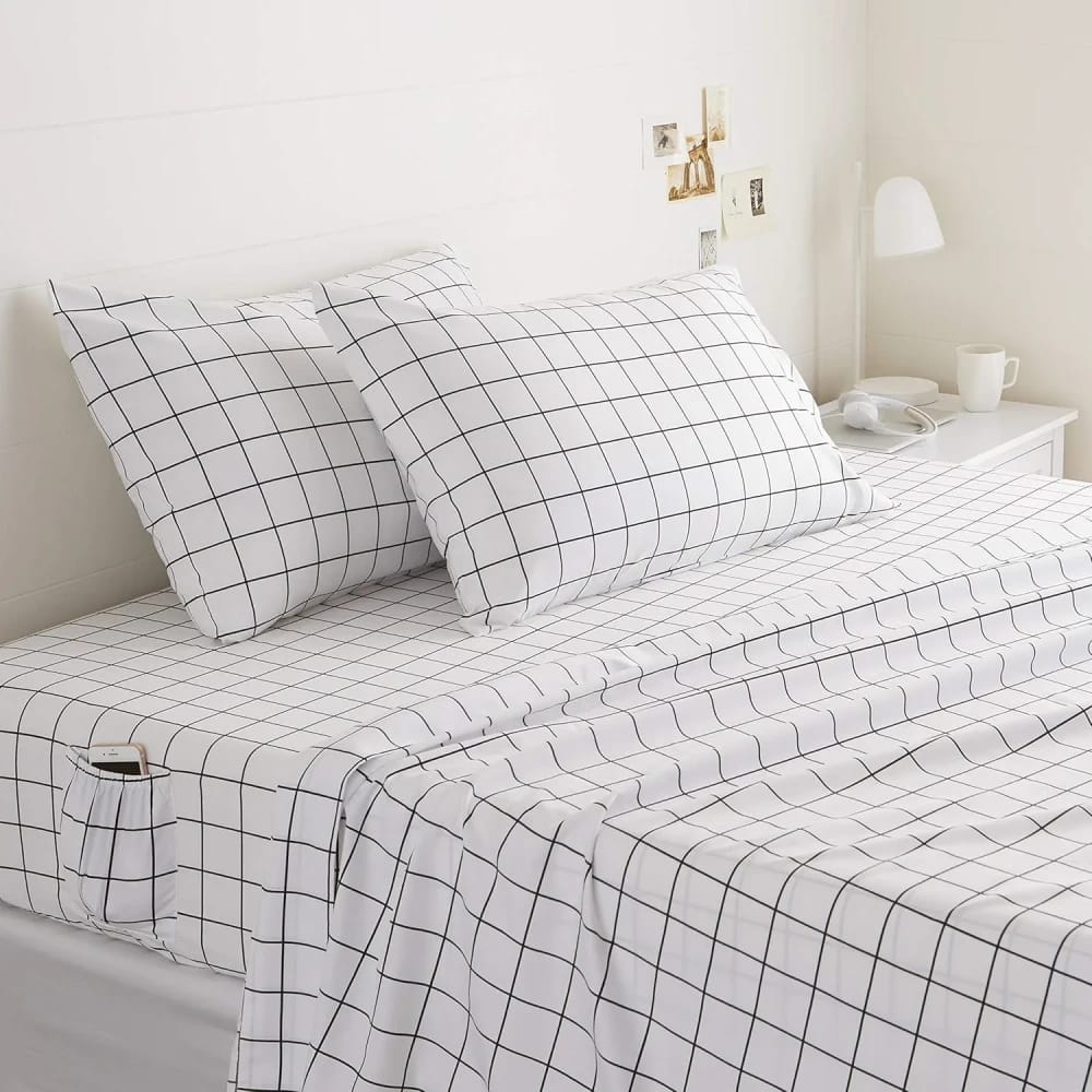 AmazonBasics College Dorm Microfiber Sheet Set with Elastic Pockets – Queen, Black Grid