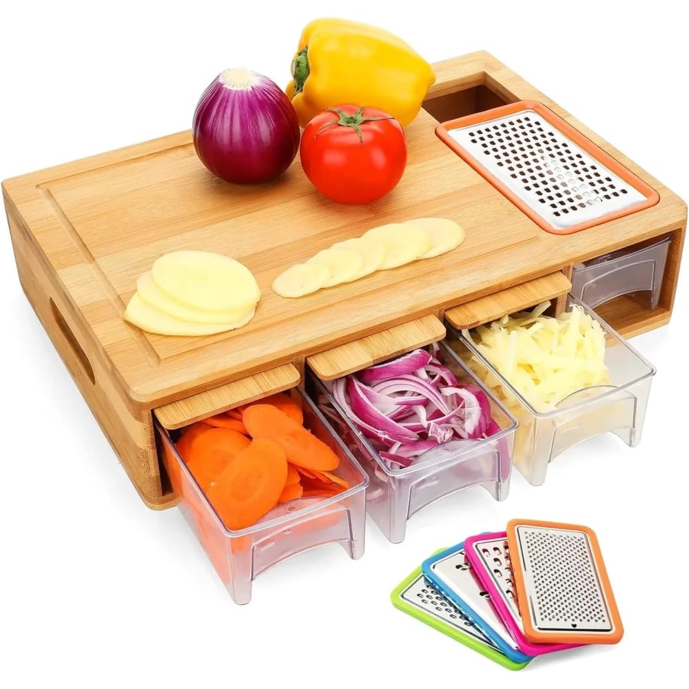 Bamboo Multi-Function Cutting Board with Trays and Graters