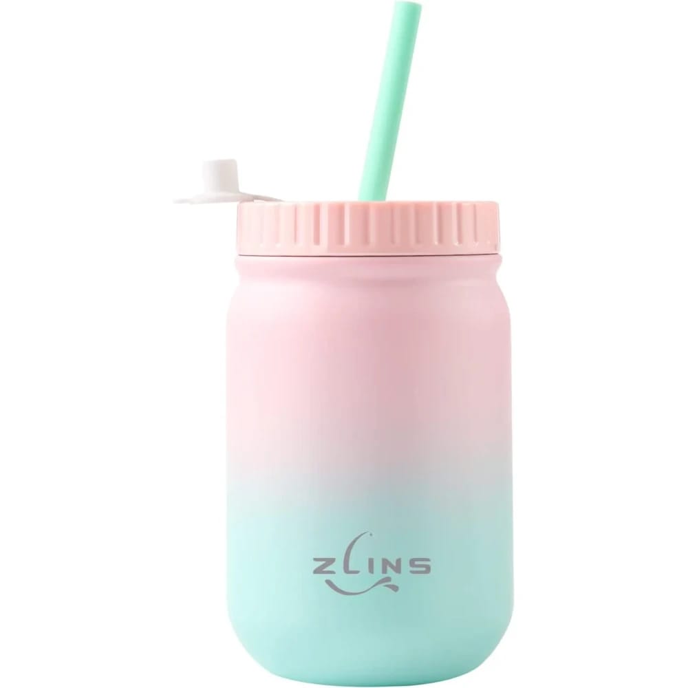 ZLINS Insulated Stainless Steel Tumbler with Lid and Straw, 14OZ (Pink/Blue)