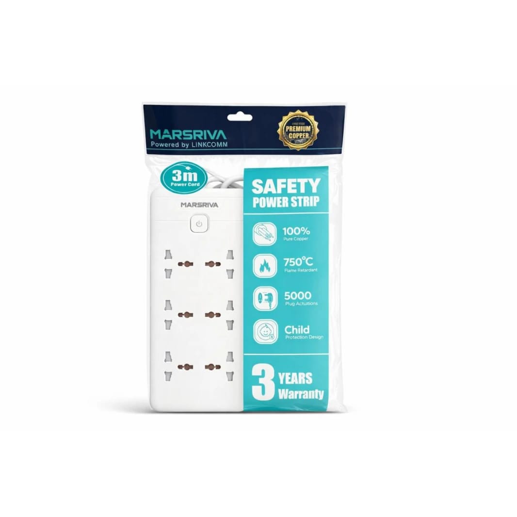 MARSRIVA Safety Power Strip 3m EU – 6 Sockets Power