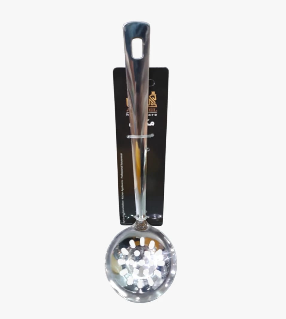 Alassel Brand Perforated Steel Ladle for Professional Kitchen Use and Home Cookware Quality Utensils.