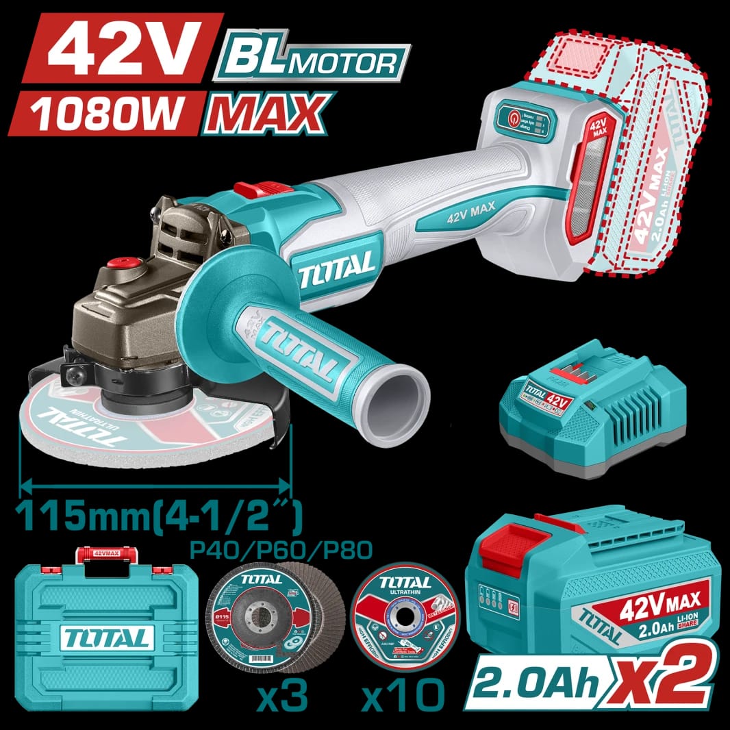 TOTAL 42V Cordless Angle Grinder – Brushless Motor, 1080W, 115mm Disc