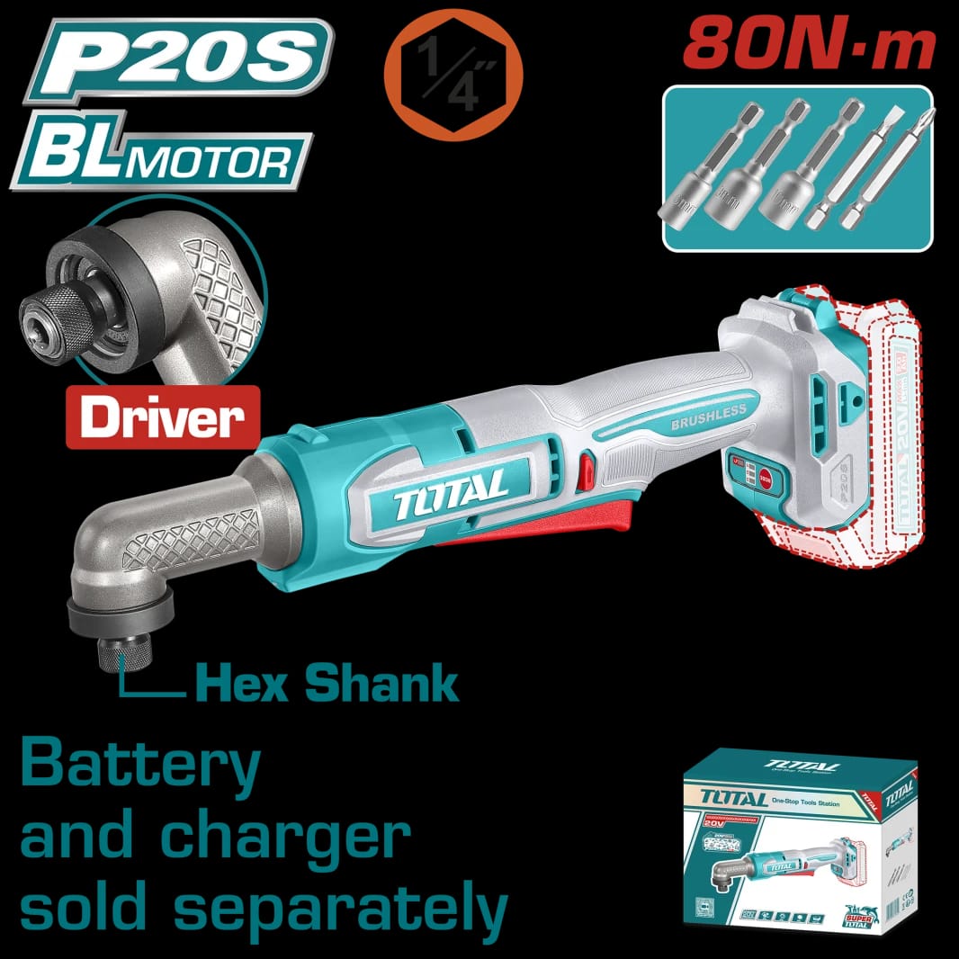 TOTAL 20V Cordless Brushless Angle Impact Driver – 80Nm Right Angle Design