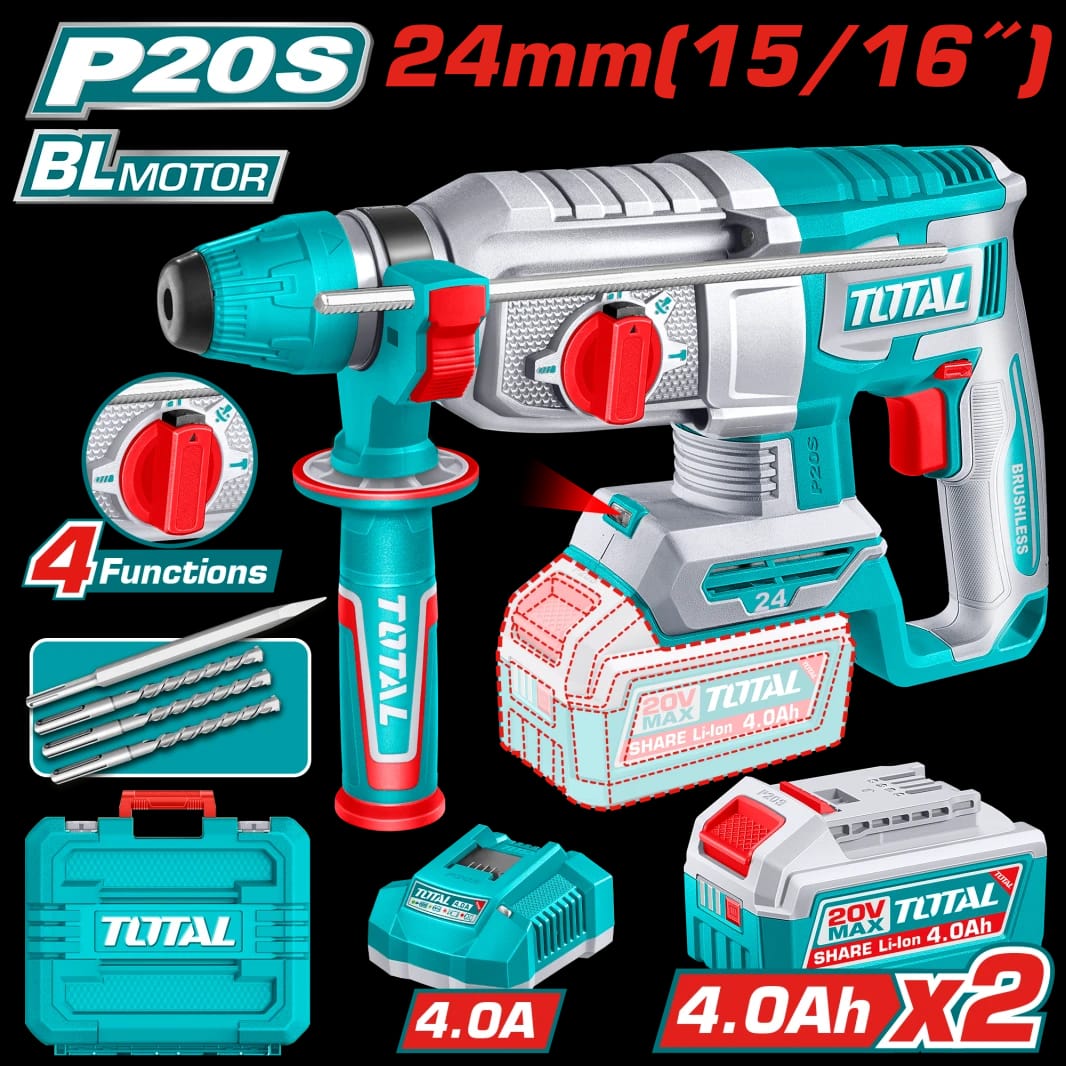 TOTAL 20V Cordless Rotary Hammer SDS Plus Brushless – 2.4J