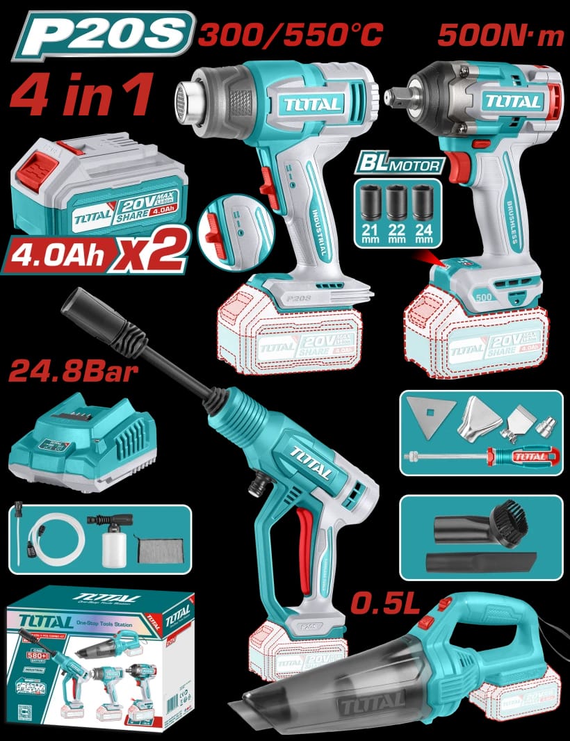 TOTAL Cordless 4Pcs Combo Kit – 20V Tools & Accessories