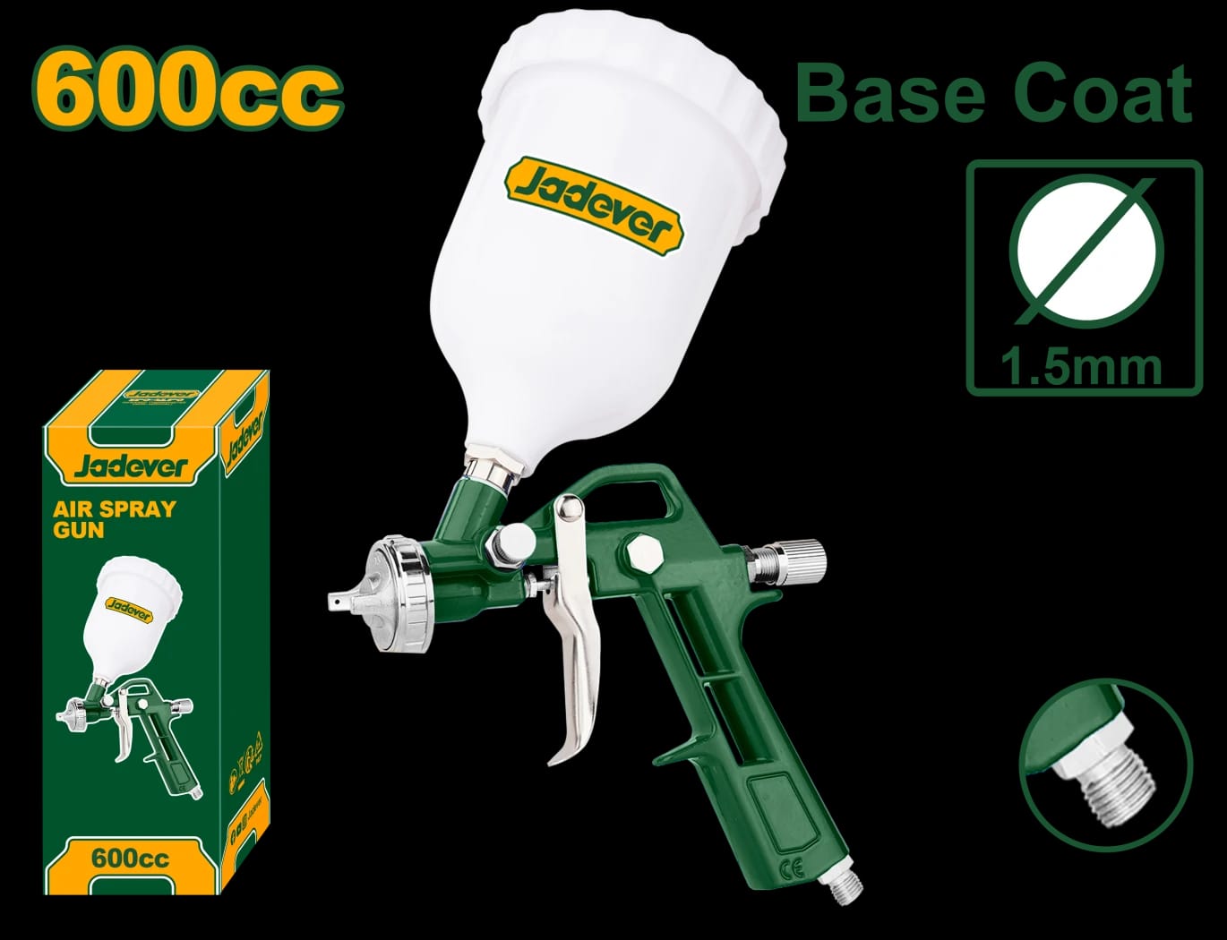 مسدس رش الهواء JADEVER 600cc - فوهة 1.5 مم، لطلاء الأساس، ضغط 3-4 بار