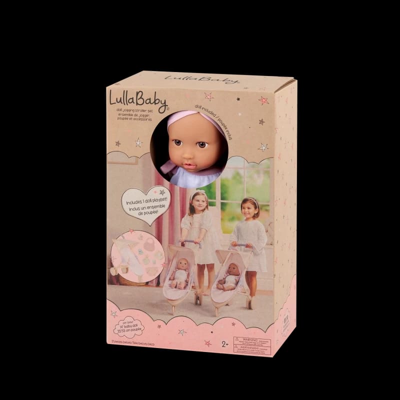 LullaBaby مجموعة عربة الأطفال مع دمية بعيون بنية وبشرة فاتحة