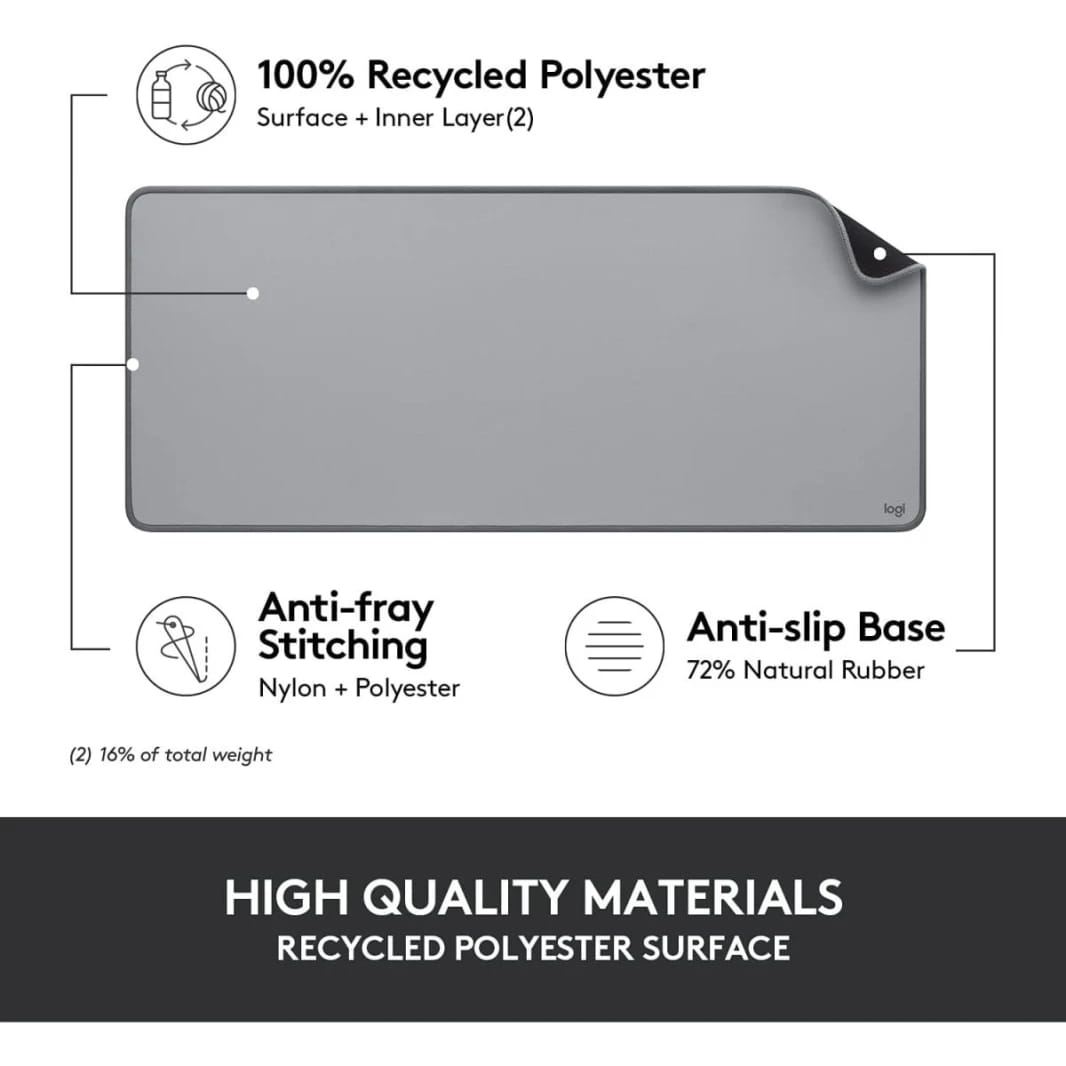 Logitech Desk Mat - Studio Series, Large Desk Pad, Anti-Slip, Spill-Resistant, Mid-Grey