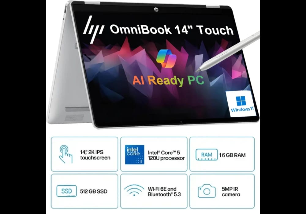 HP OmniBook 5 Flip 14" Laptop, Intel Core 5 120U, 16GB, 512GB SSD, 2K Touch