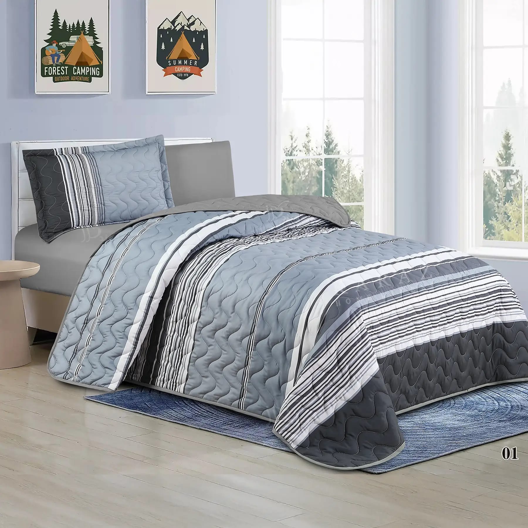 MOOD Printed Twin Size Bedspread Set – 4 Pieces, Gray