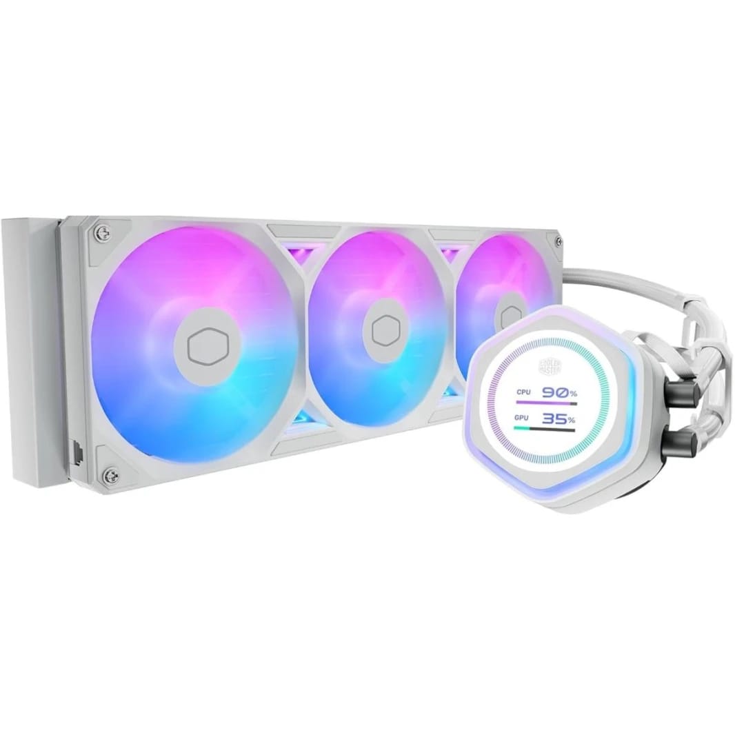 مبرد المعالج السائل Cooler Master Atmos II 360 LCD AIO – مشعاع 360 ملم، شاشة LCD قابلة للتخصيص، 3 مراوح ARGB PWM، مضخة بغرفتين، أداء هادئ للغاية، AMD AM5/AM4 و Intel LGA 1851/1700، أبيض