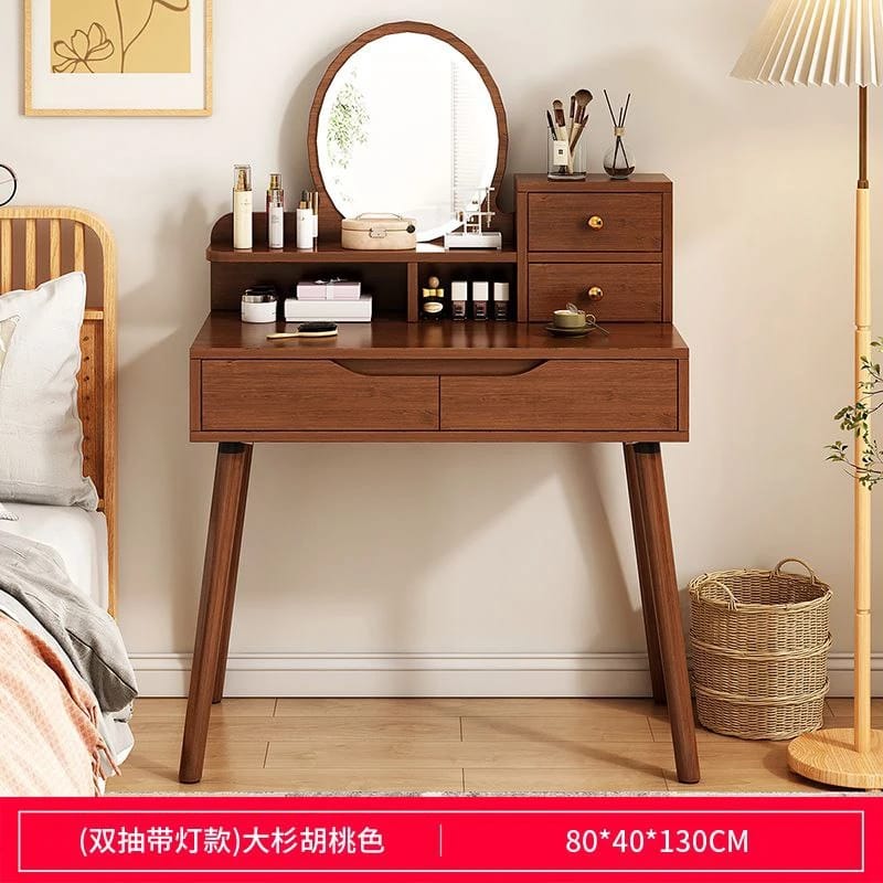 Brown Wooden Bureau with Shelves, Drawers, and Oval Mirror