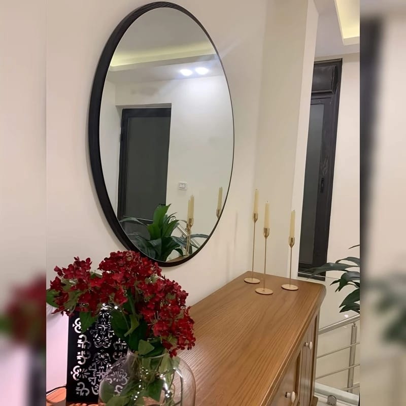 Modern Round Mirror with Black Aluminum Frame