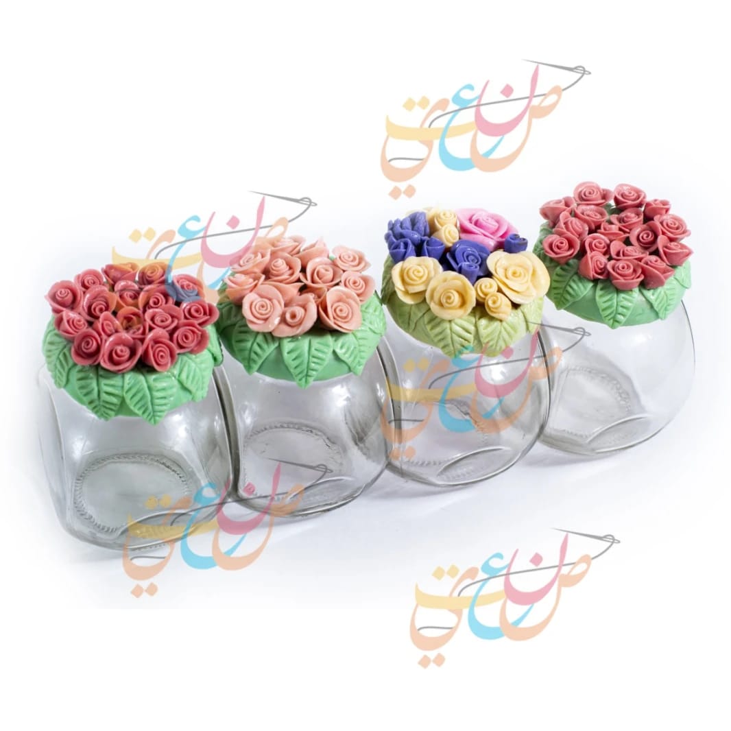 Set of Glass Jars with Colored Flowers