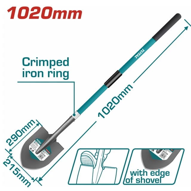 Total Garden Steel Shovel with Long Fiberglass Handle