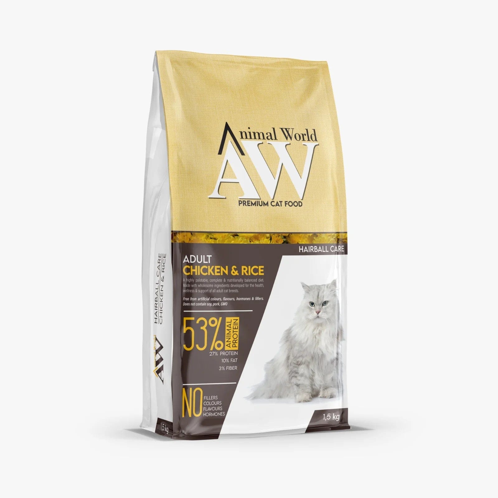 High Protein Turkish Cat Food for Adult Cats - AW Adult Cat Chicken & Rice (Hairball Care - 53% Animal Protein) 1.5 KG