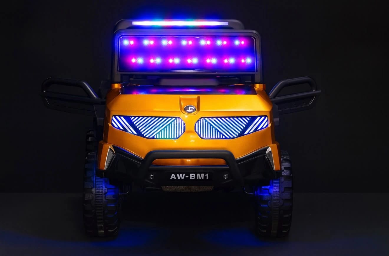سيارة كهربائية للأطفال بعجلات كبيرة وأضواء LED للمغامرات والمرح من براند AW، تصميم عصري مذهل
