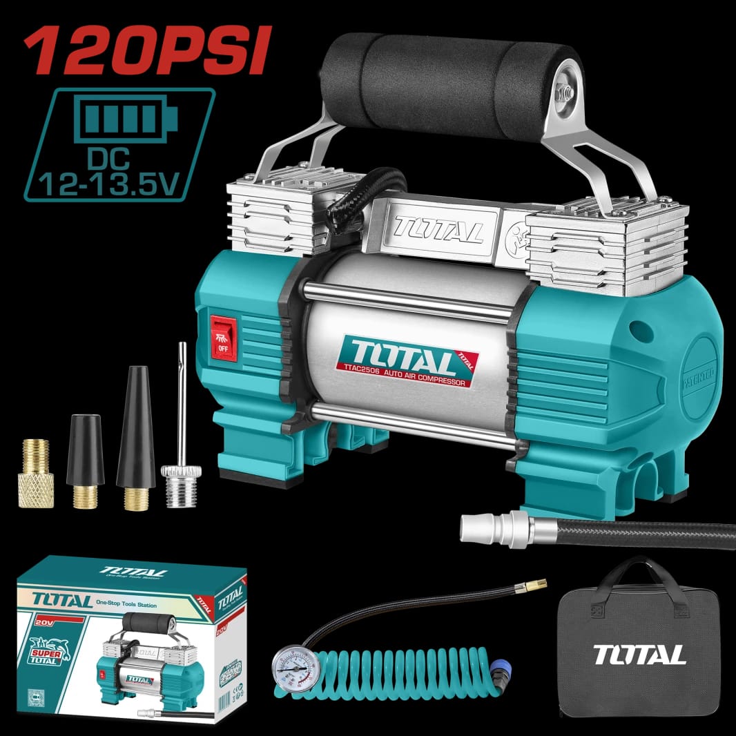 TOTAL Auto Air Compressor 12V – Portable Tire Inflator 120 PSI