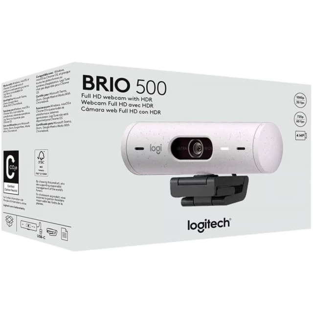 Logitech Brio 500 Full HD Webcam with Auto Light Correction Show Mode Dual Noise Reduction Mics Privacy Cover For Microsoft Teams, Google Meet, Zoom, USB-C Cable