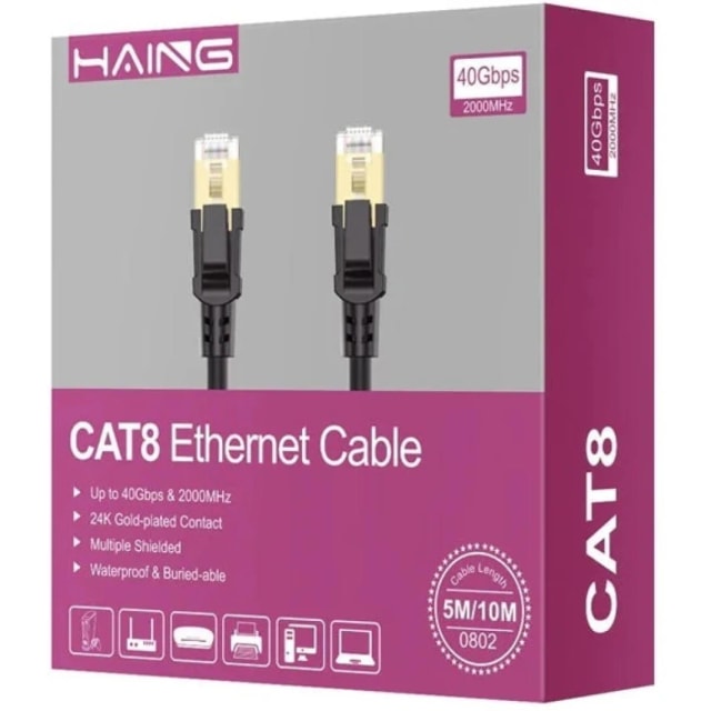 HAING CAT8 40Gbps 2000MHz Black High Quality RJ45 Ethernet Network Cable - 16 Feet 5M