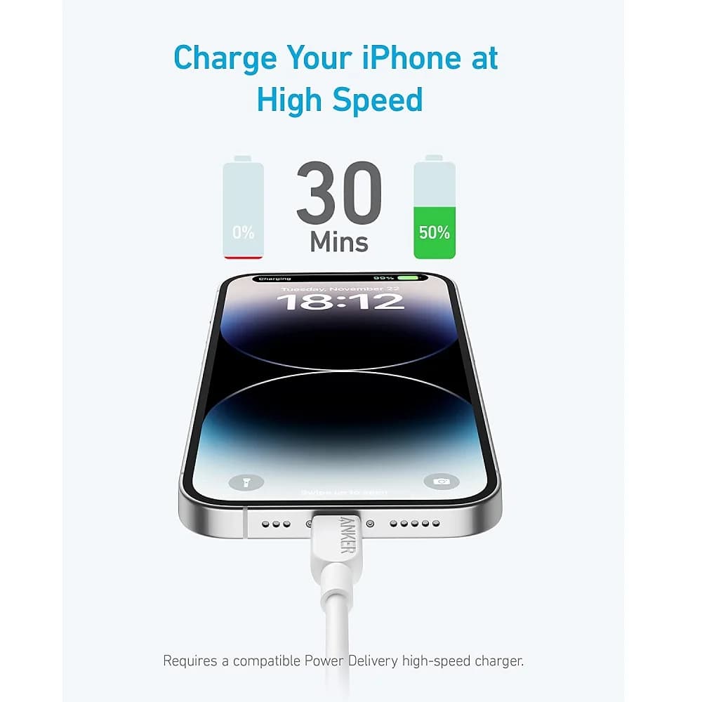Anker – Data Cables & Adapters – 322 Braided USB-C to Lightning Cable – 1.8M – White