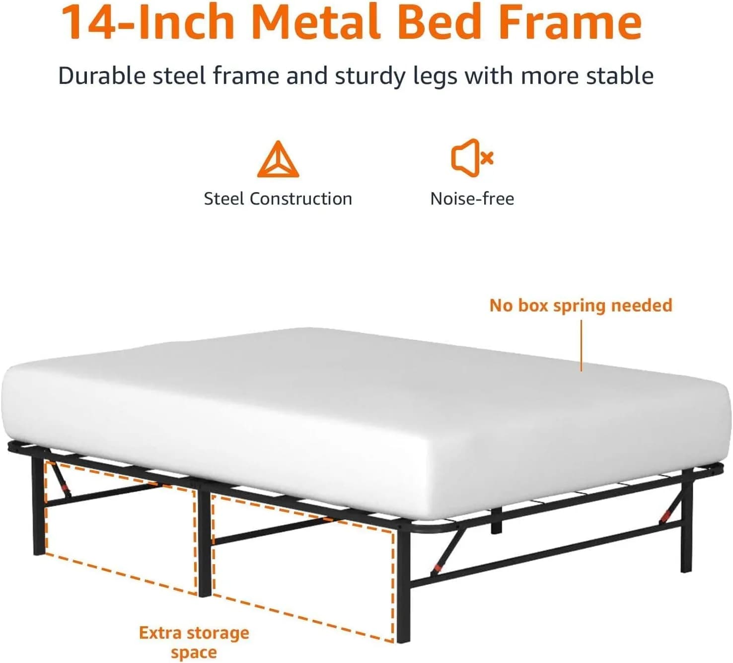 Amazon Basics Foldable Metal Bed Frame with Storage, Full Size, Black