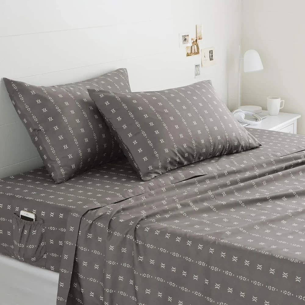 AmazonBasics College Dorm Queen Microfiber Sheet Set with Elastic Pockets – Grey Stripe