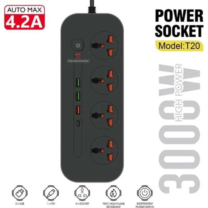 Power Socket T20 Premium 3000W with USB and Switch
