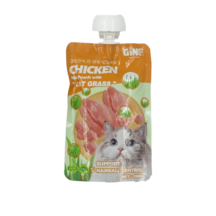 Gino Cat Treat Chicken Mini Pouch with Cat Grass - 100g