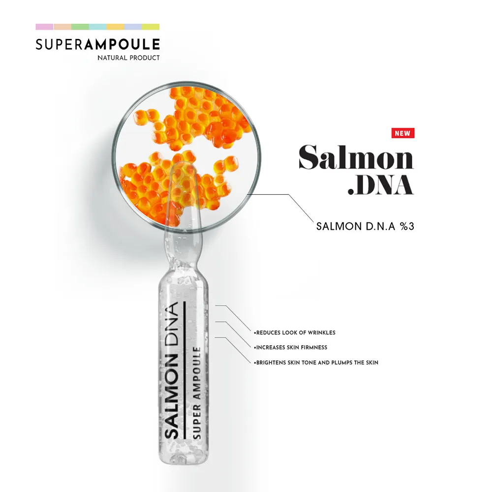 SALMON DNA SUPER AMPOULE   غني بشكل طبيعي بحمض الهيالورونيك2*10أمبولات.تم تصميمه الاستعمال لمدة 30 يوم