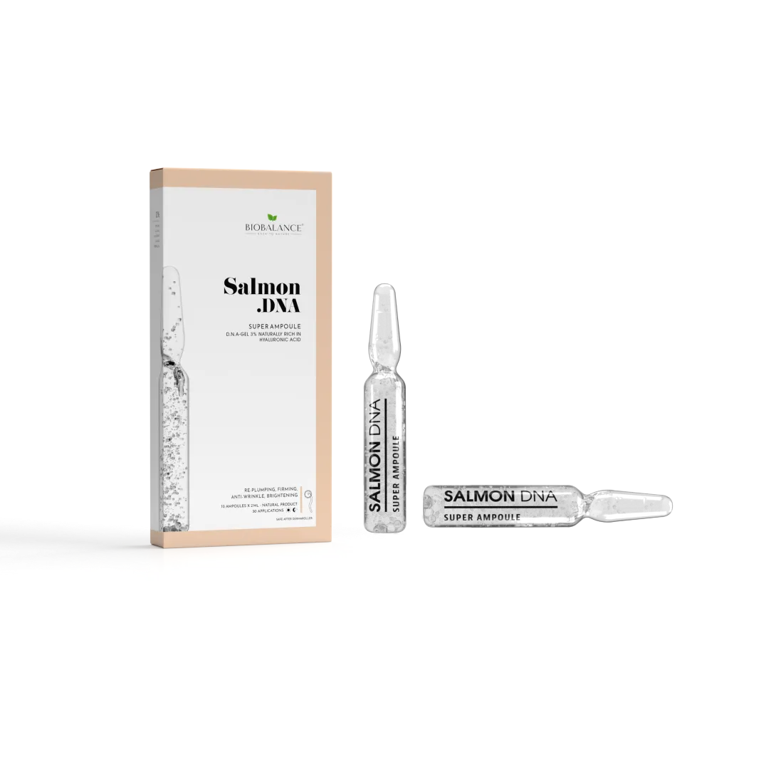 SALMON DNA SUPER AMPOULE   غني بشكل طبيعي بحمض الهيالورونيك2*10أمبولات.تم تصميمه الاستعمال لمدة 30 يوم