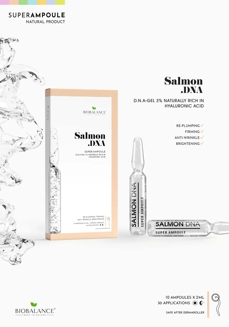 SALMON DNA SUPER AMPOULE   غني بشكل طبيعي بحمض الهيالورونيك2*10أمبولات.تم تصميمه الاستعمال لمدة 30 يوم