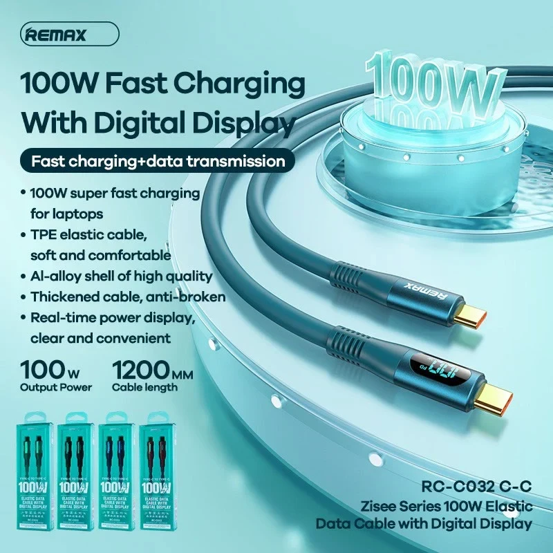 REMAX RC-C032 C-C ZISEE SERIES 100W ELASTIC DATA CABLE WITH DIGITAL DISPLAY TYPE-C TO TYPE-C .